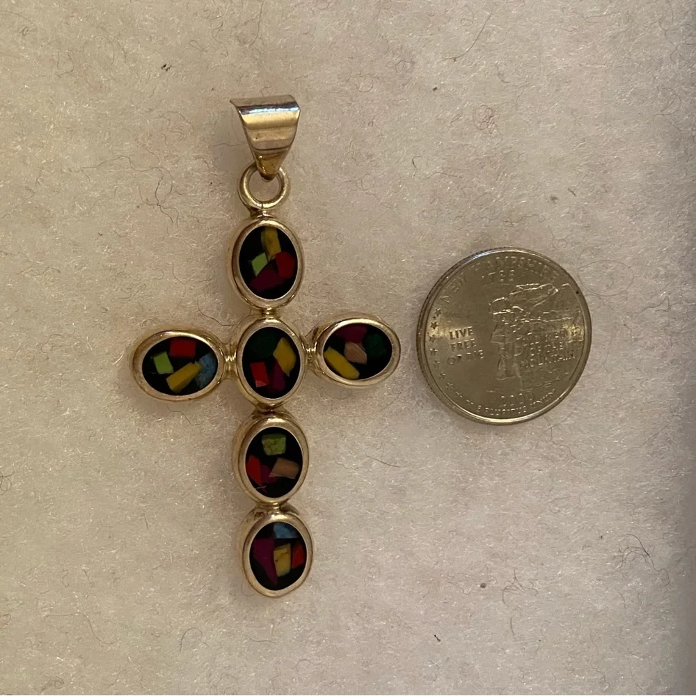ATI 925 STERLING SILVER MULTI COLOR INLAY CROSS PENDANT BLACK 13.2g CHARM